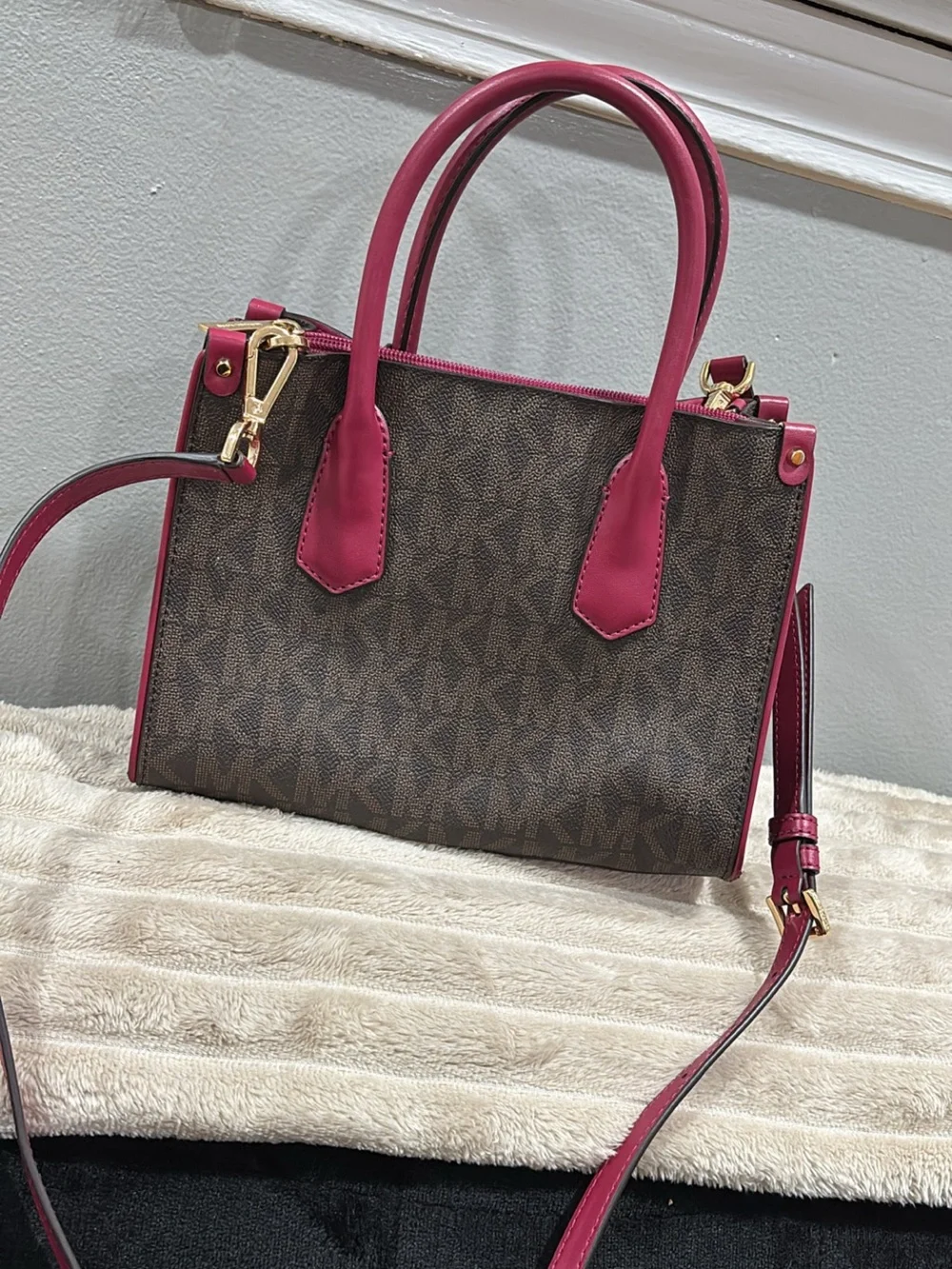 Michael Kors Brown Signature Satchel with Pink and Coral Stripes